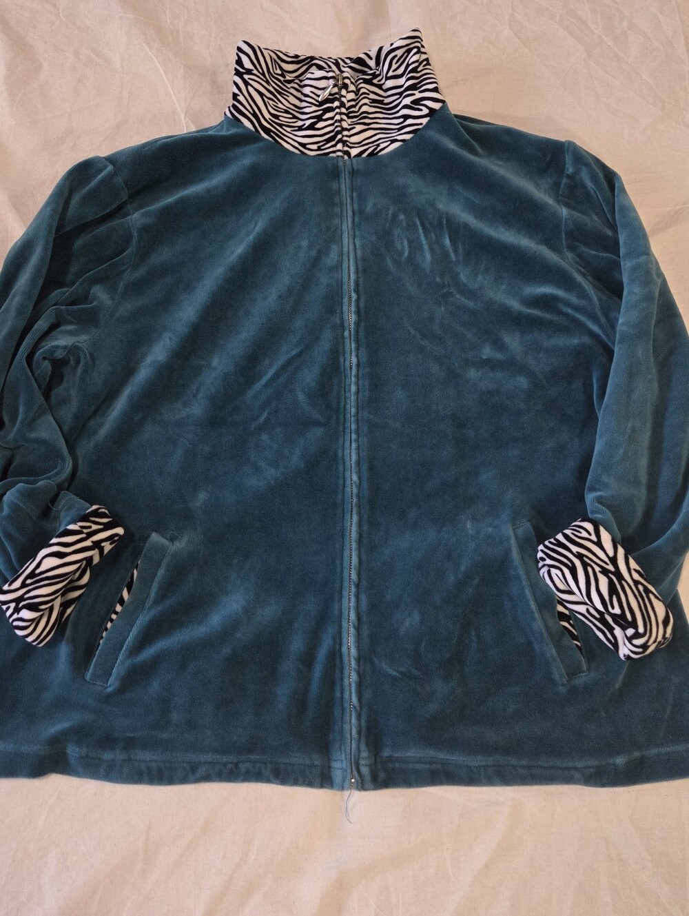 JM Collection Teal Velour Full Zip Jacket Zebra Accent Size XL